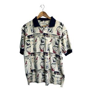 Natural Issue "Sail Boat" Theme Polo Shirt Men's Size Large Nautical, Sailing